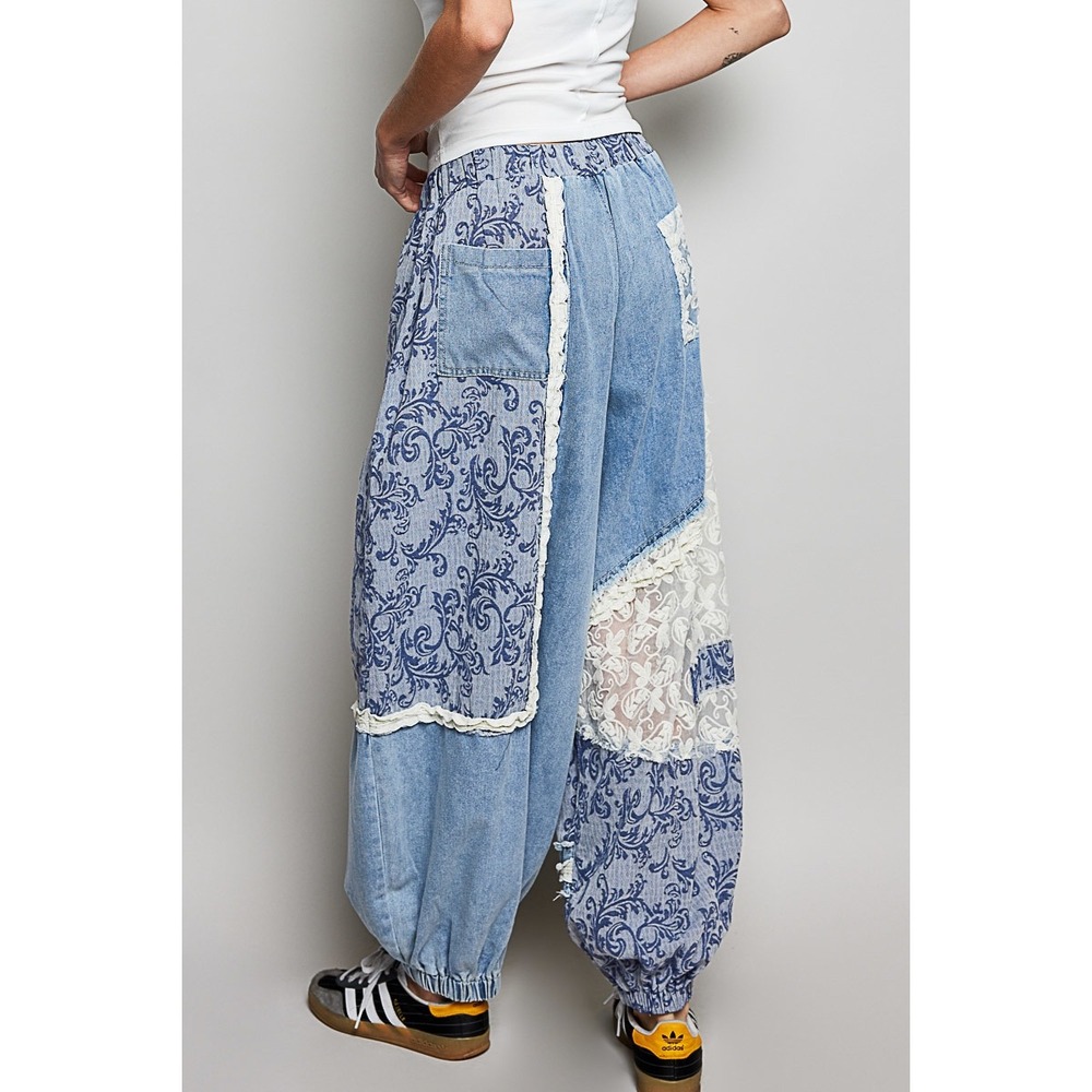 POL Patchwork Denim Jogger Pants Lace Crochet Trim Boho Festival SIZE MEDIUM - Picture 6 of 9
